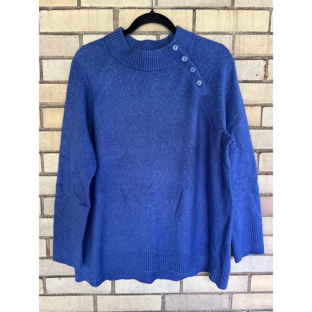Talbots Blue Mock Neck Button Shoulder Raglan Tunic Sweater Size Large Petite